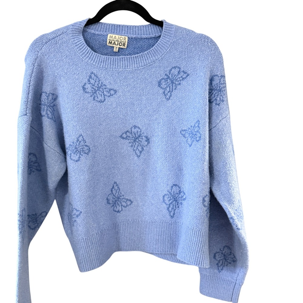 Major Label‎ Group Blue Butterfly Knit Crewneck Sweater Womens Medium Coquette